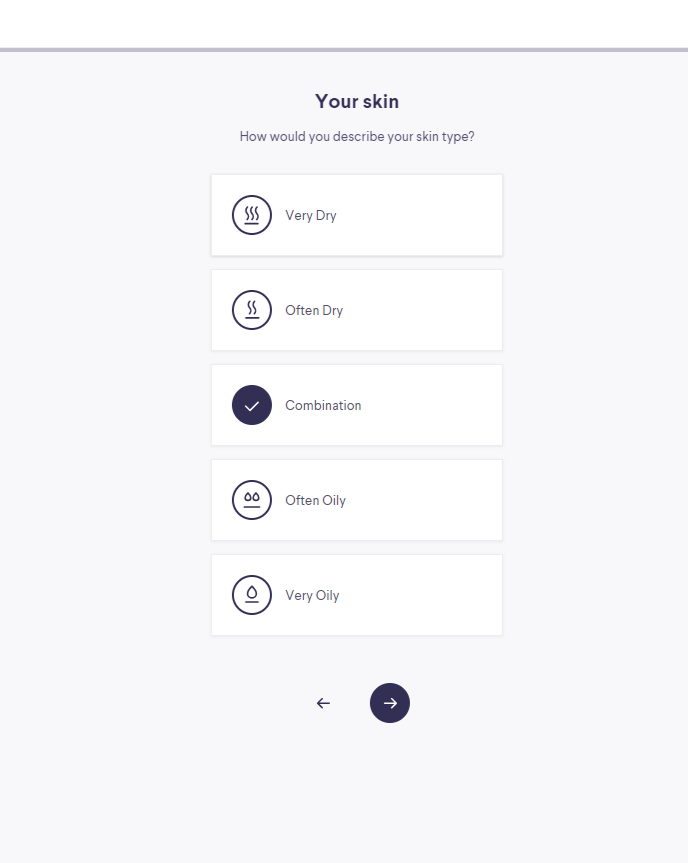 Curology skin quiz with "combination" selected