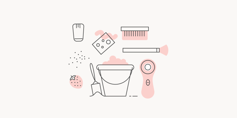 Illustration of physical exfoliants floating around a beach bucket full of sand