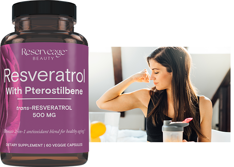 Reserveage Beauty Resveratrol 500 mg with Pterostilbene 60ct bottle in boxed packaging