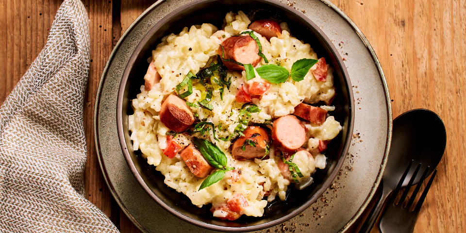 Ricotta Risotto mit Bratwurst