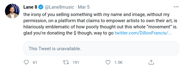 the irony of you selling something with my name and image, without my permission, on a platform that claims to empower artists to own their art, is hilariously emblematic of how poorly thought out this whole “movement” is. glad you’re donating the...