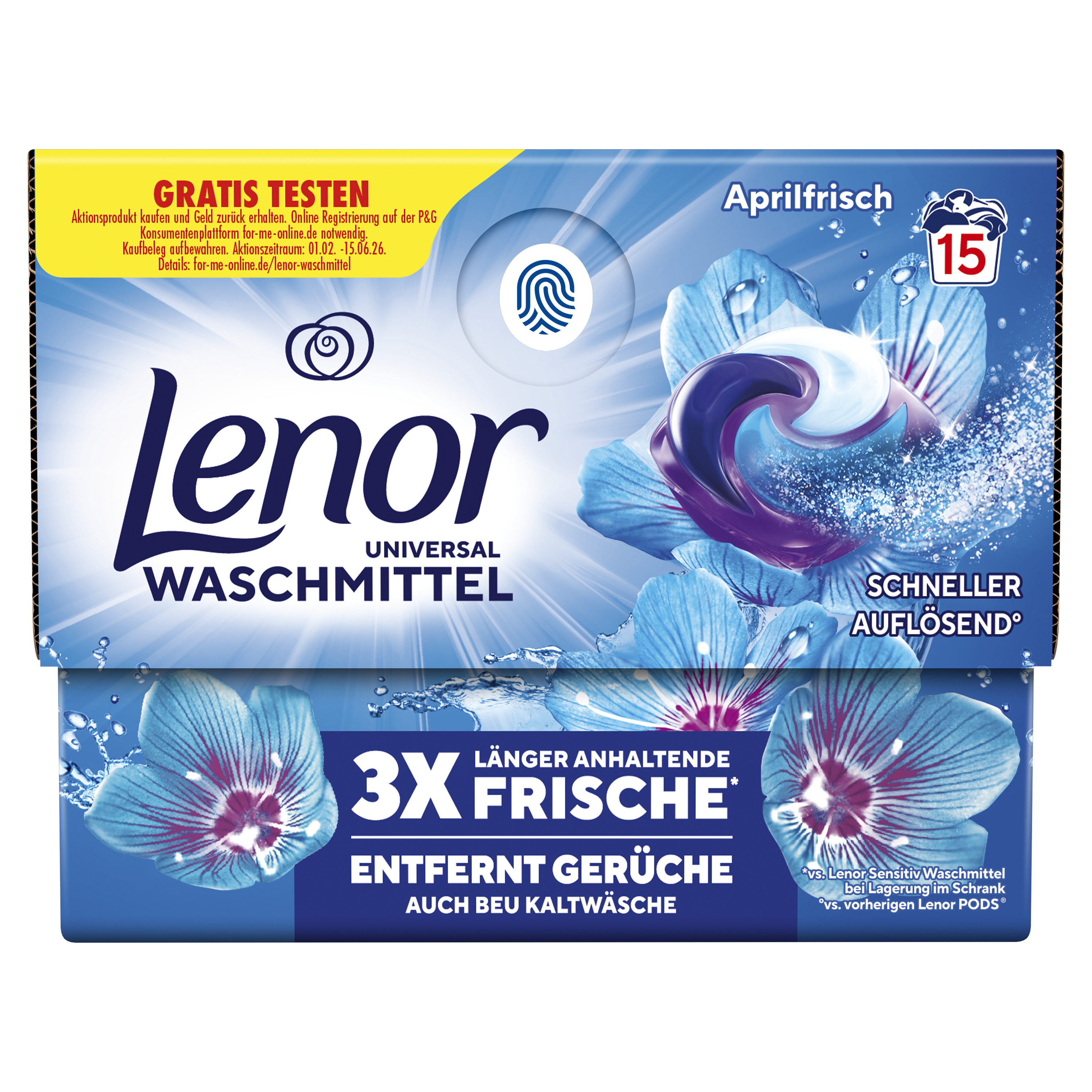 Blaue Lenor-Grafik, die die Vorteile von Frische und Geruchsentfernung für die Wäschepflege hervorhebt – 15 WL