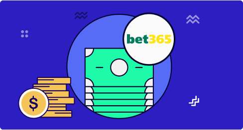 Logo de Bet365 con billetes y monedas en fondo azul