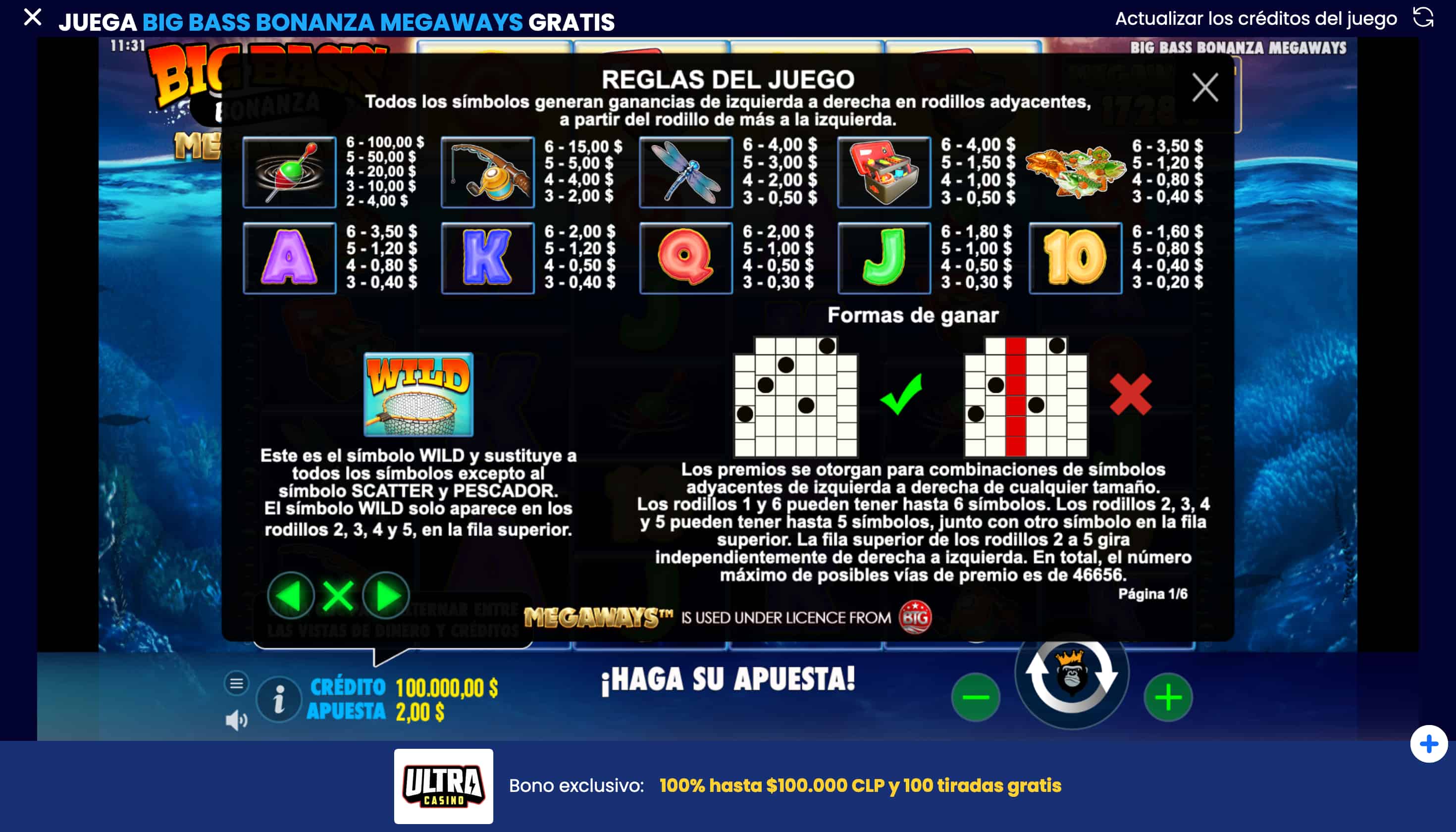 Big Bass Bonanza Megaways Tabla de pagos