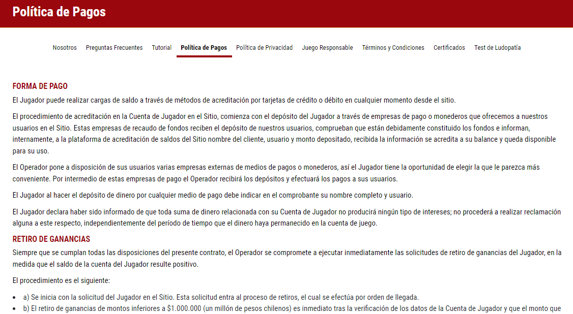 Win Chile Métodos de pago