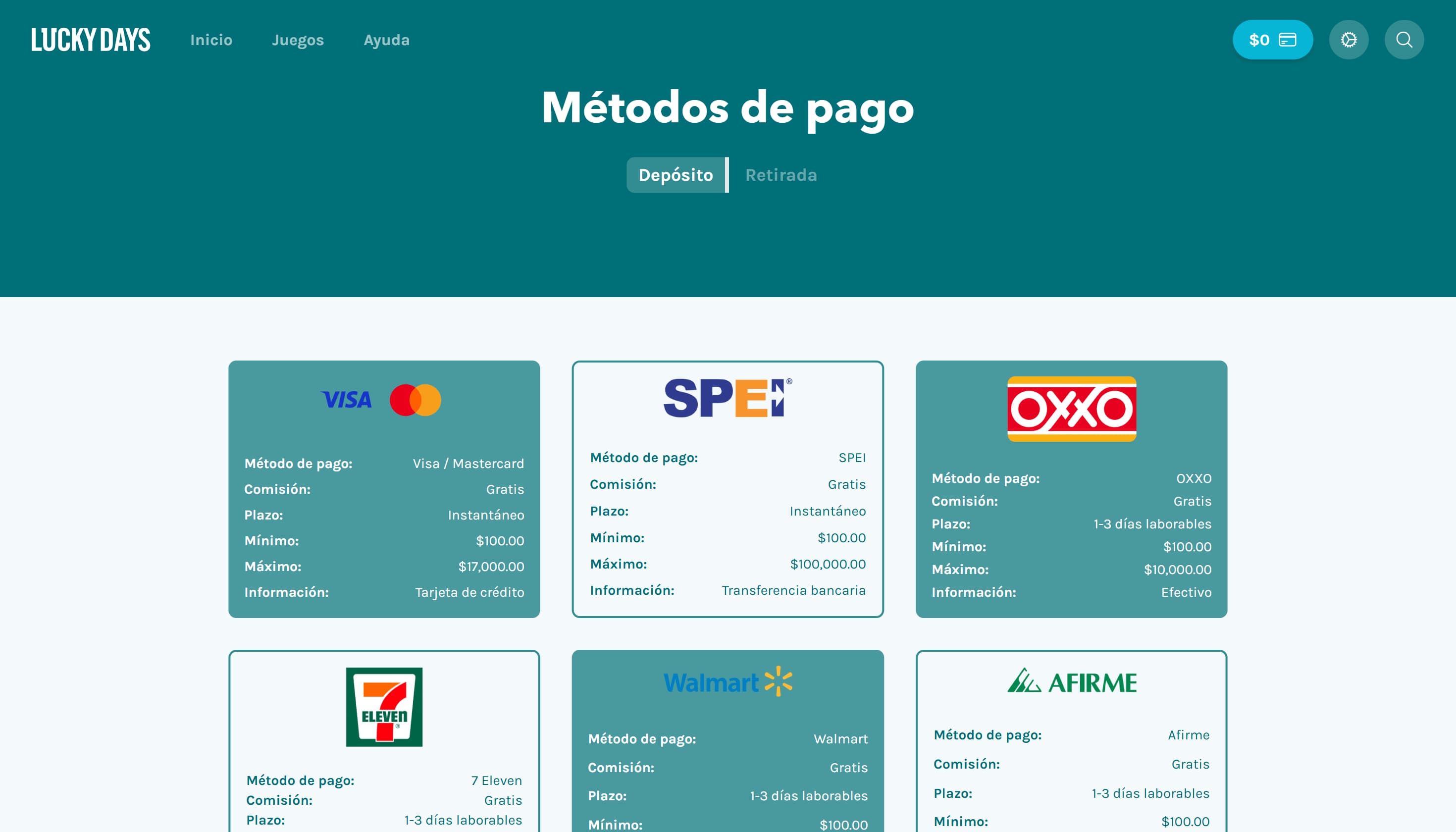 Pagos y retiros en Lucky Days Mx
