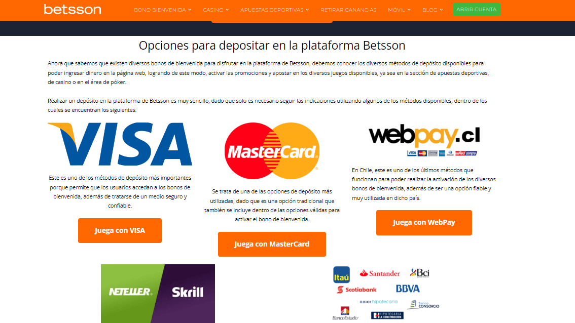 Betsson Casino Métodos de pago