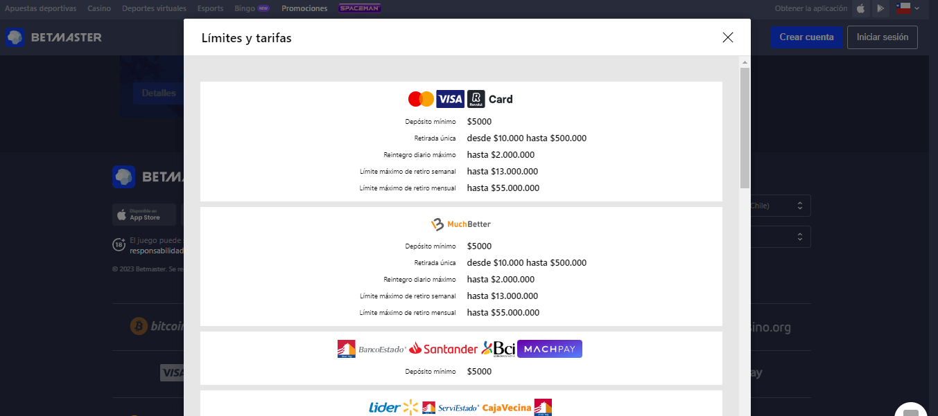 Betmaster Métodos de pago