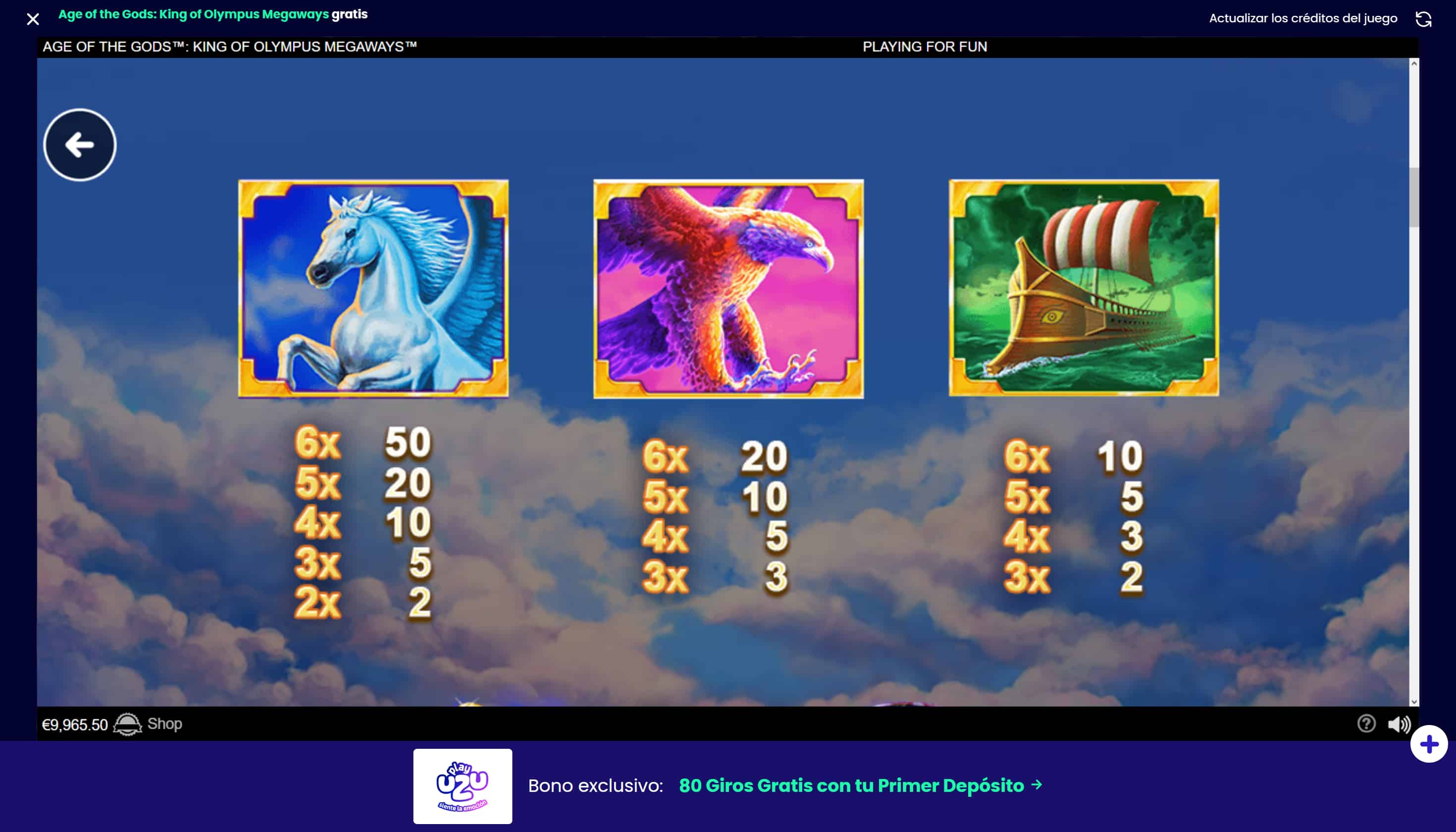Age of the Gods: King of Olympus Megaways Tabla de pagos 