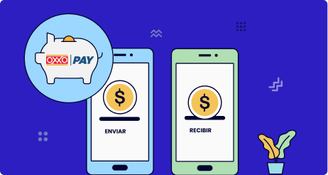 Dos celulares enviando y recibiendo dinero con una alcancía con logo de oxxo pay