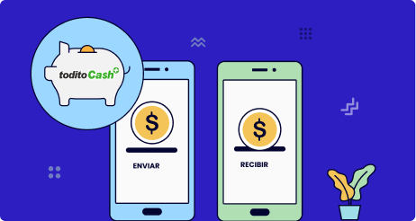 Dos celulares enviando y recibiendo dinero con una alcancía de cochinito con logo de Todito Cash