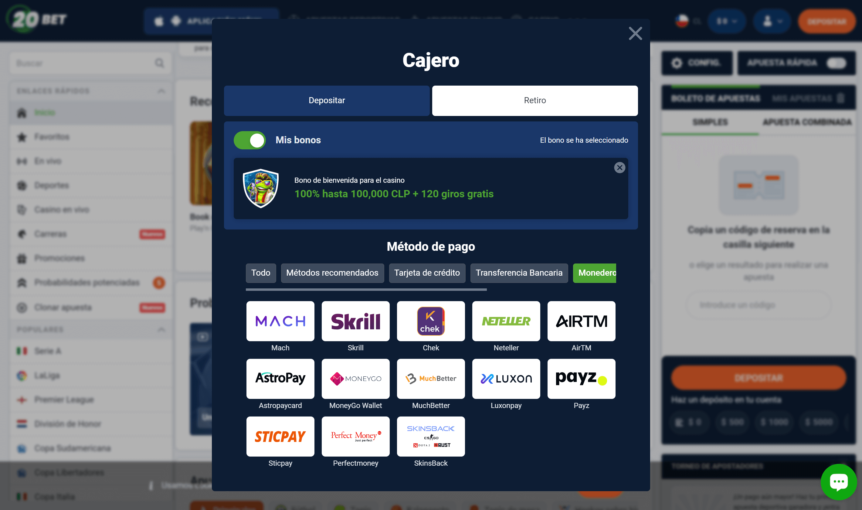 20bet casino Chile Métodos de pago