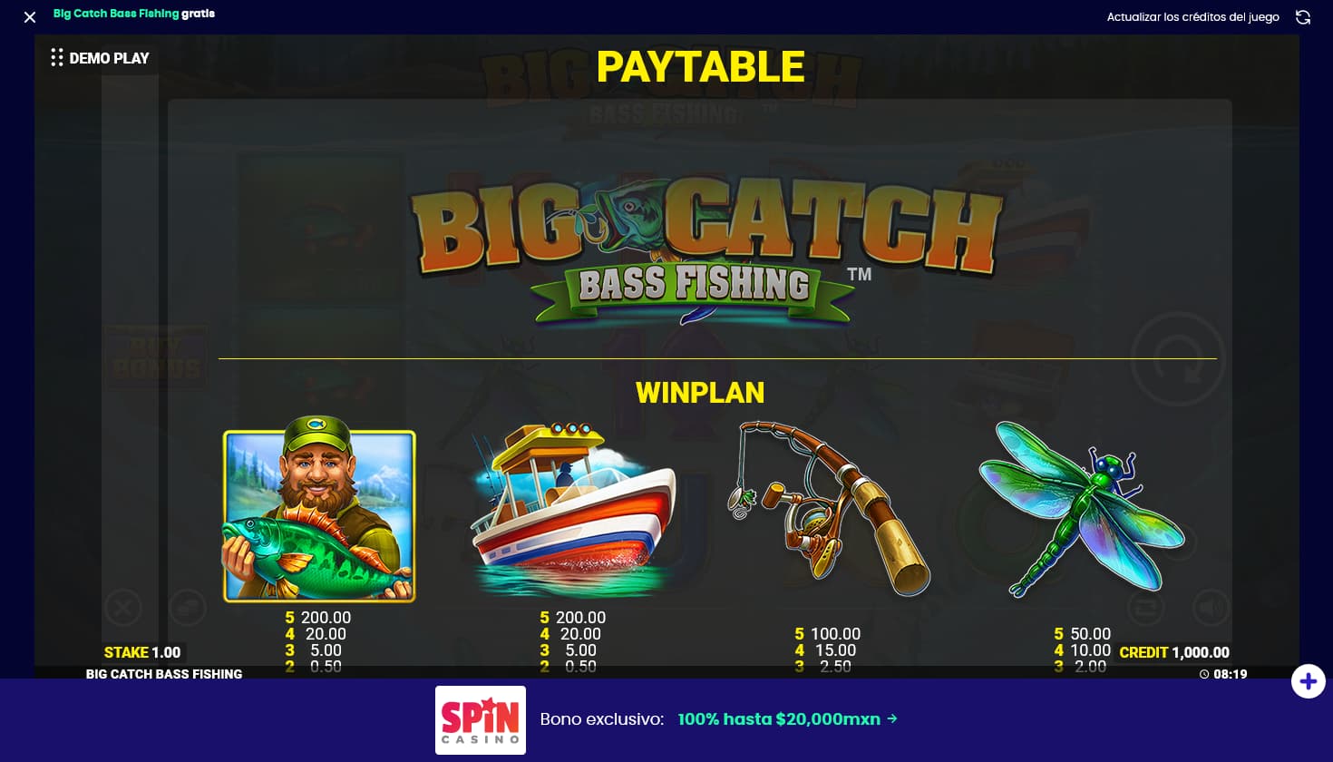 Big Catch Bass Fishing tabla de pagos