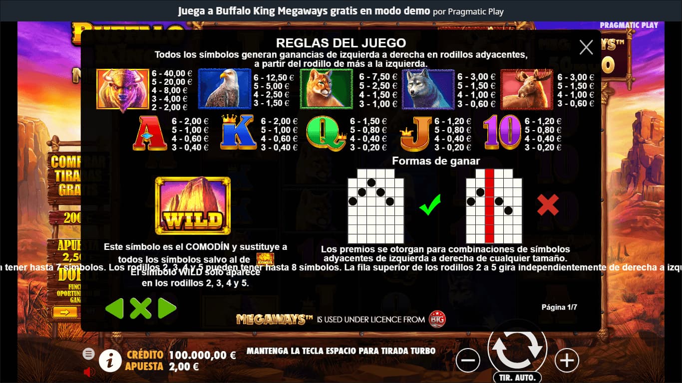 Buffalo King Megaways Tabla de Pagos