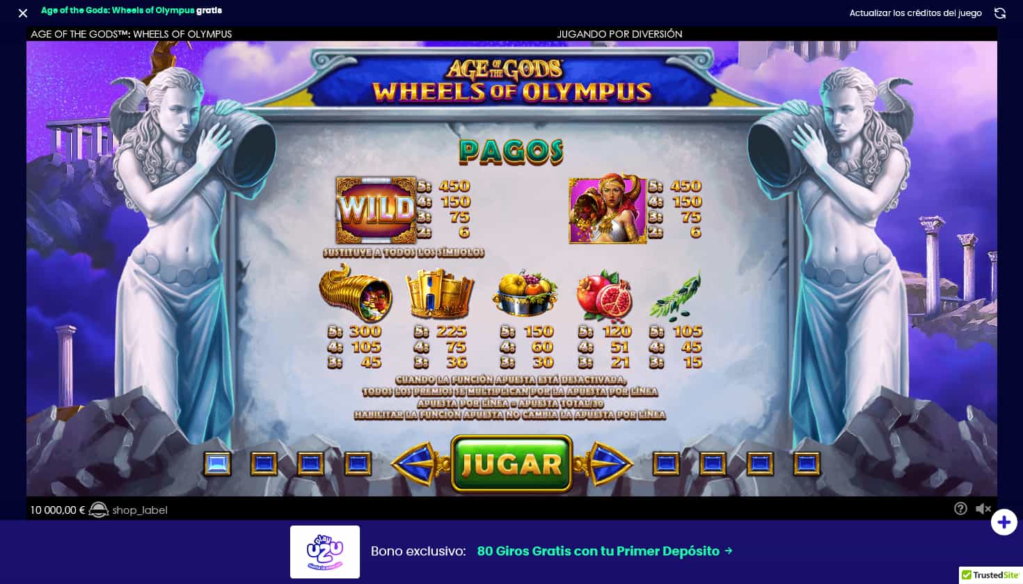 Tragamonedas Age of the Gods: Wheels of Olympus tabla de pagos