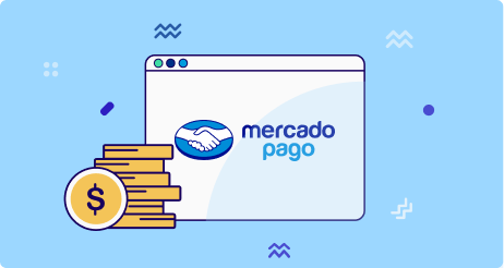 Ilustración de una pantalla con logo de mercado pago y unas monedas a un lado