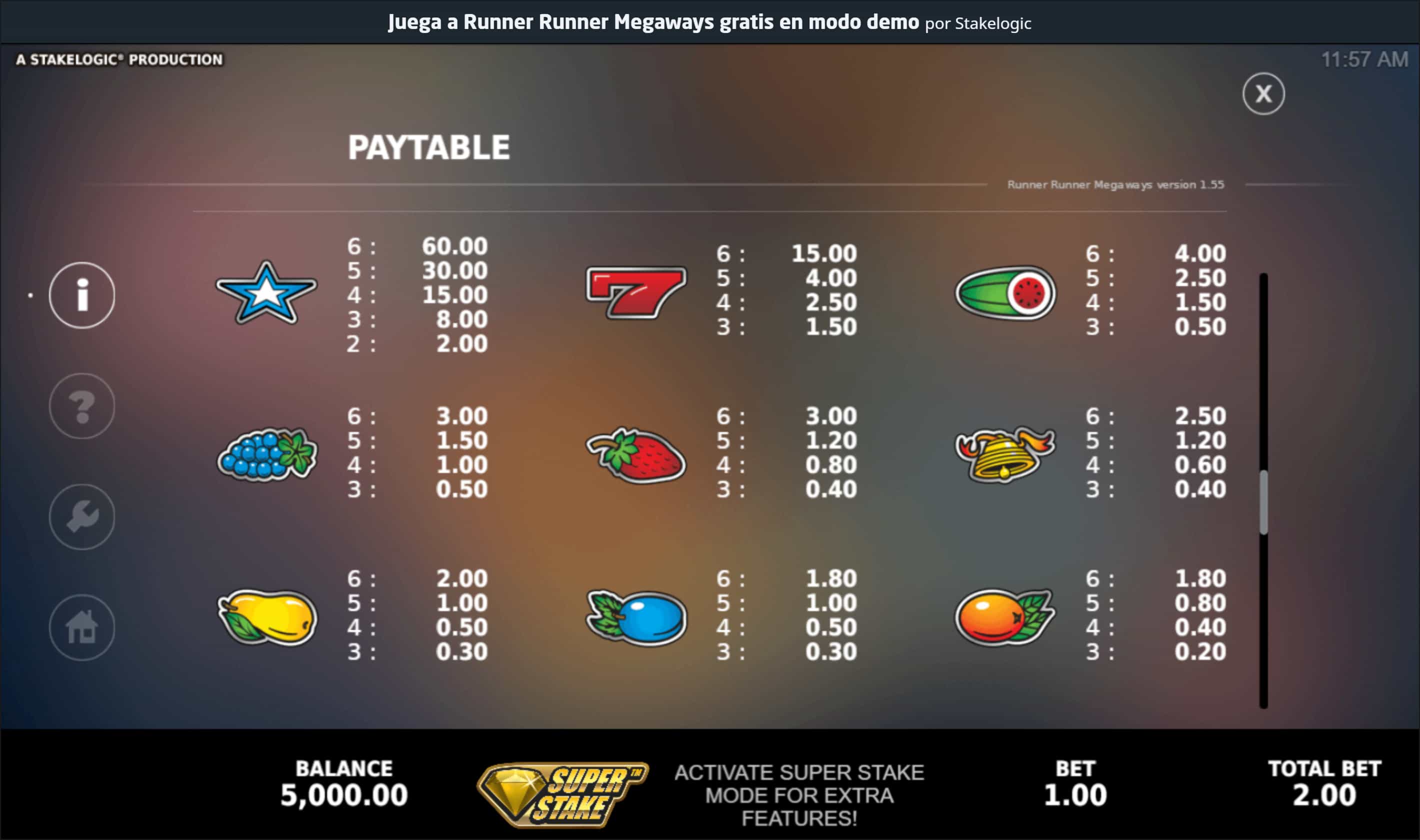 Runner Runner Megaways tabla de pagos