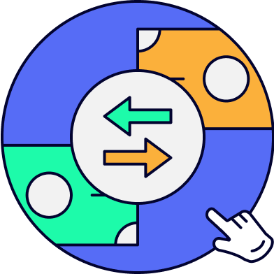 Circulo con flechas invertidas naranja y verde con dos tarjetas