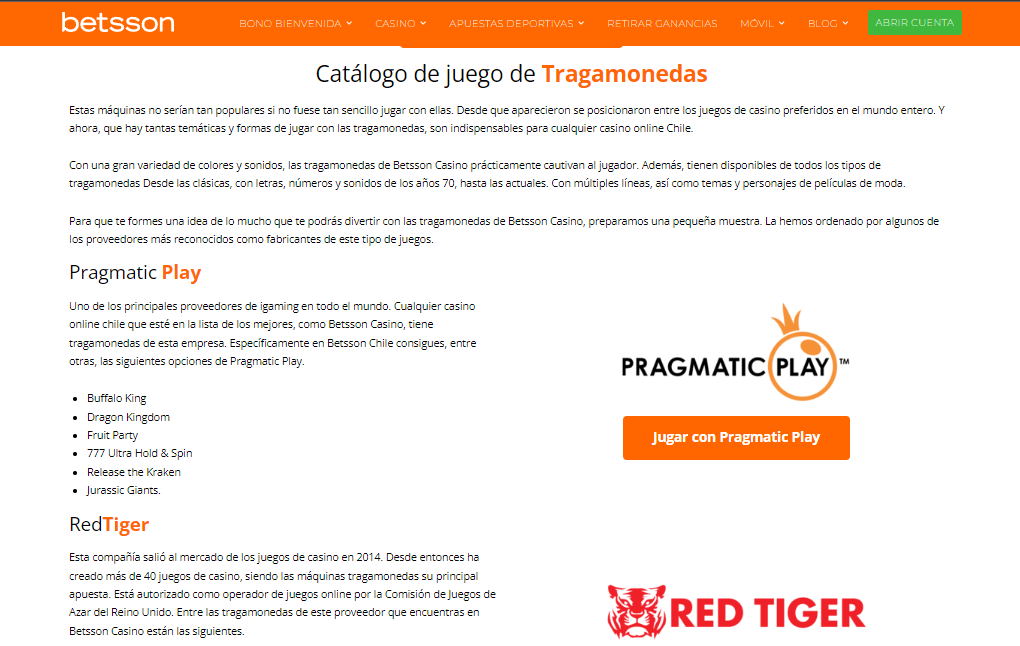 Betsson Catálogo de Juegos Chile