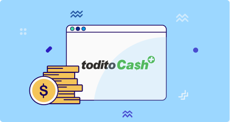 Logo de Todito Cash dentro de una pantalla y con monedas al lado