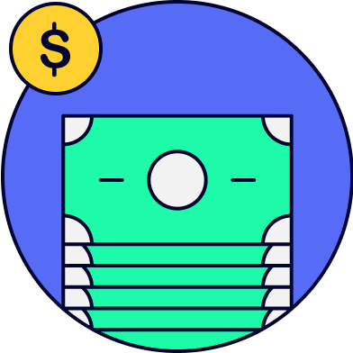 Dibujo de billetes sobre un circulo azul y un signo de pesos