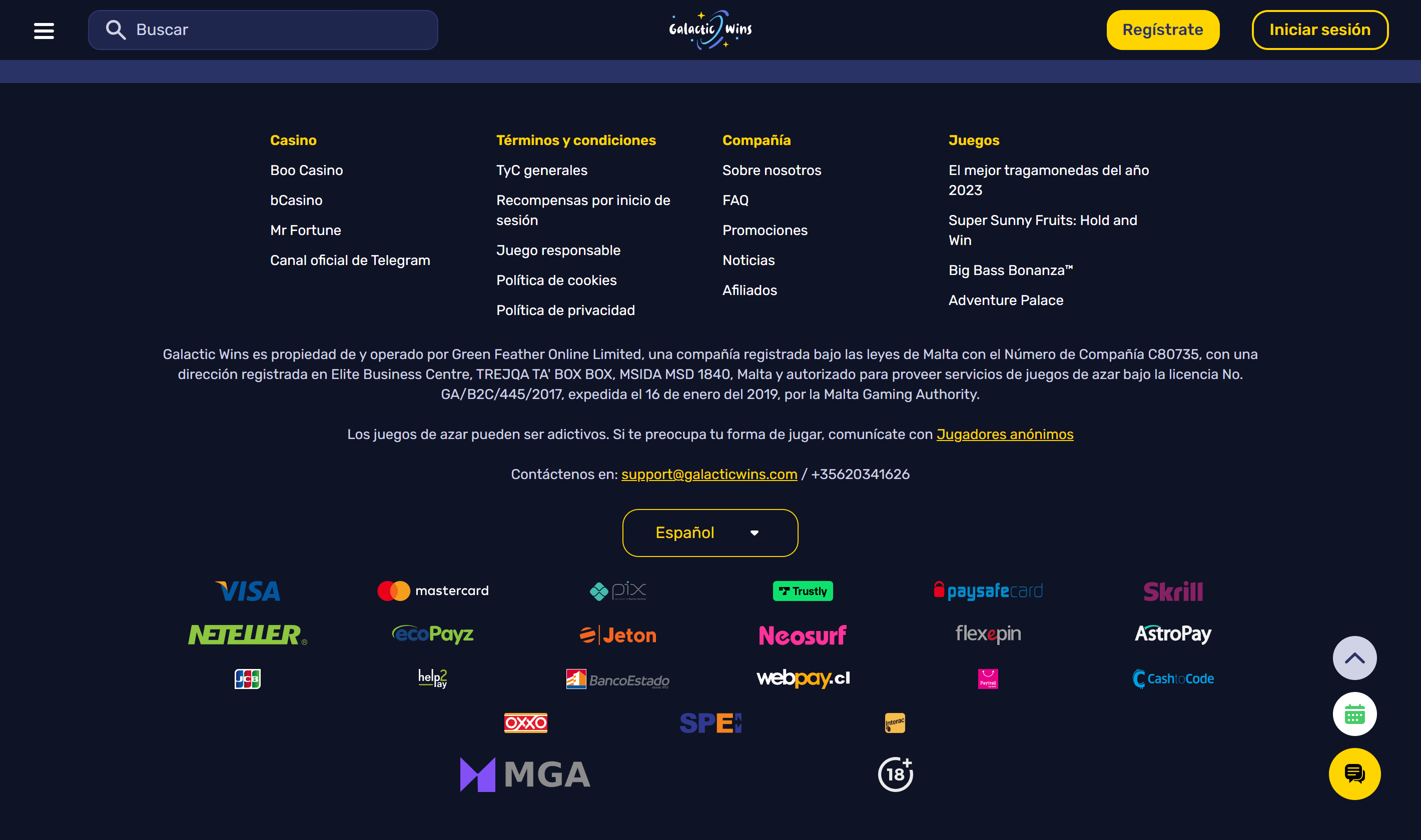 Metodos de Pago Galactic Wins Casino