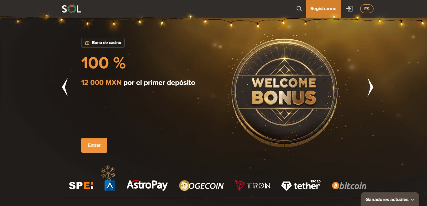 Interface de Solcasino montrant les options de paiement et les jeux