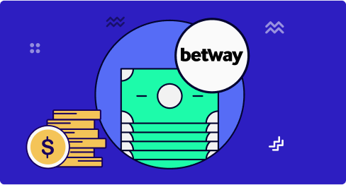Logo Betway con billetes y monedas en fondo azul