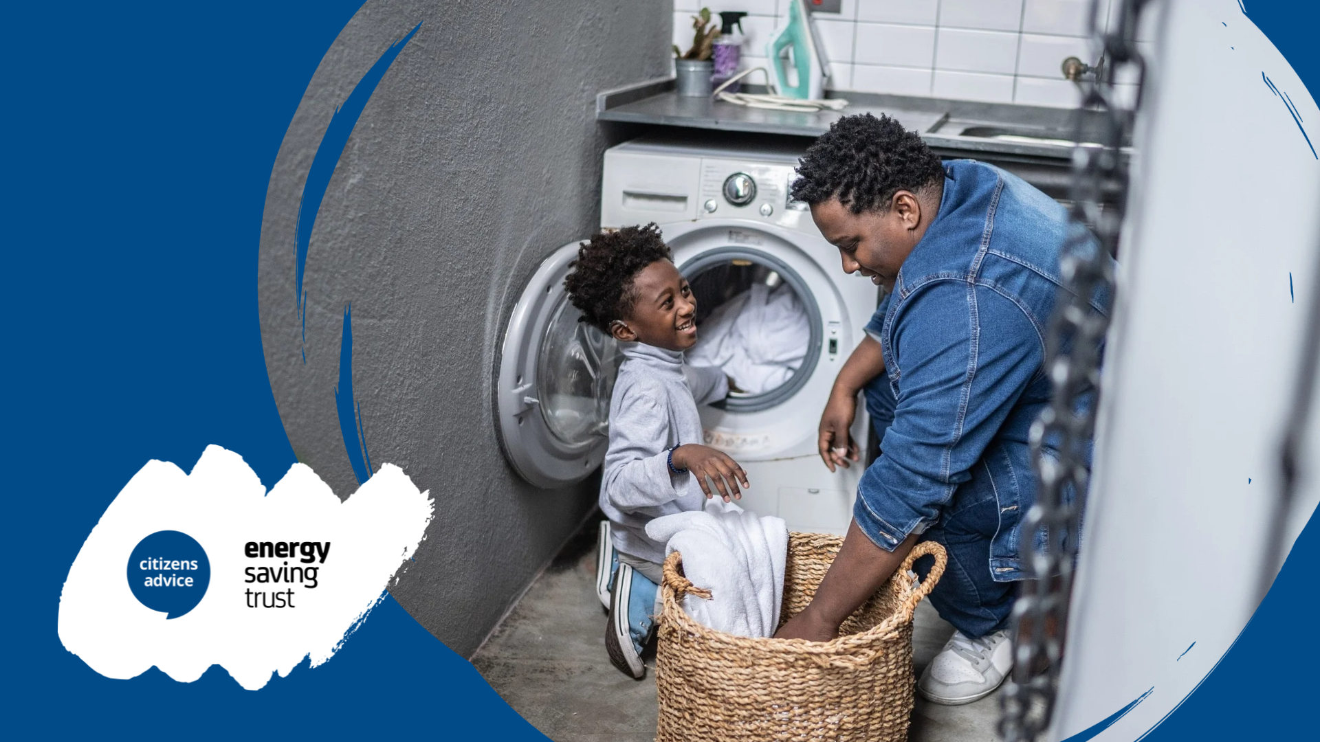 Image shows a man and young child doing laundry together in front of a washing machine. This image is on a blue background, and has a white brushstroke shape in the bottom left corner which has both Citizens Advice and EST logos on top.