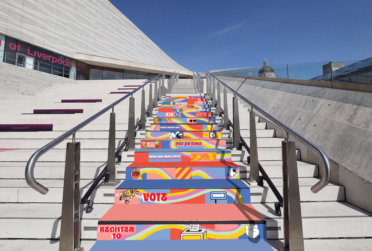 Image shows a set of stairs, colourfully decorated with financial tips and advice.