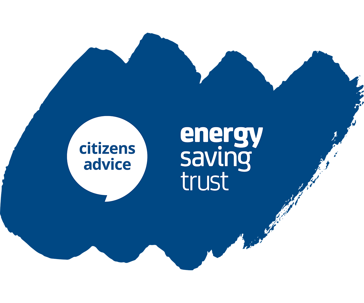 Image shows a blue brush mark. Inside it shows the Citizens Advice logo and the Energy Saving Trust logo.