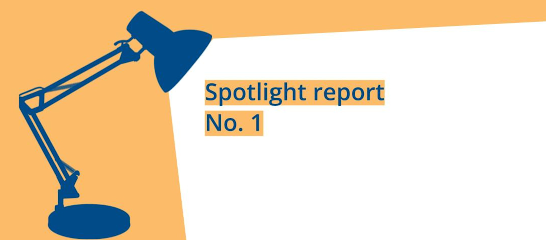 Graphic of a spotlight on a yellow background illuminating the title of the report