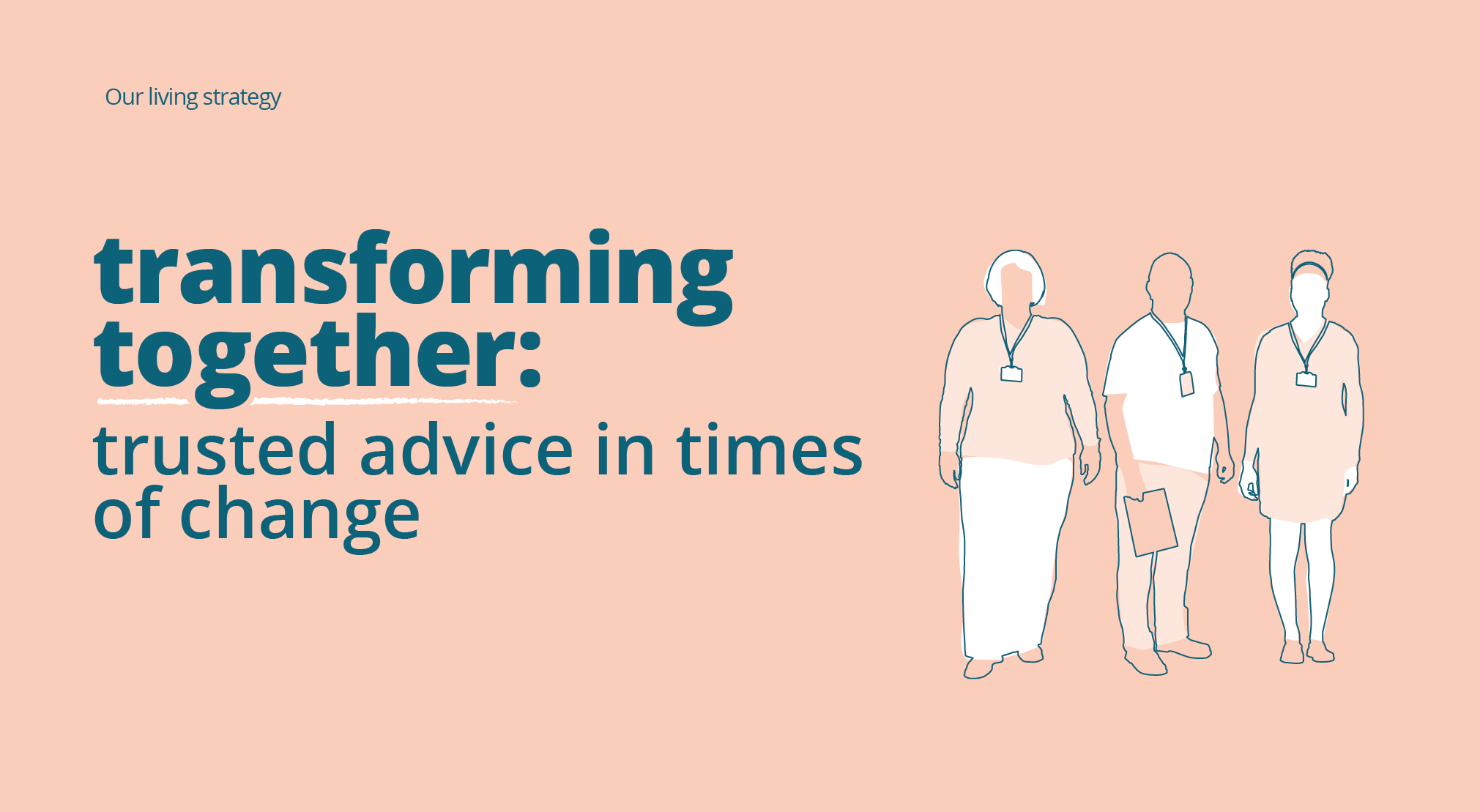 Illustration of 3 silhouettes wearing lanyards. Next to them is the text Our living strategy, transforming together: trusted advice in times of change