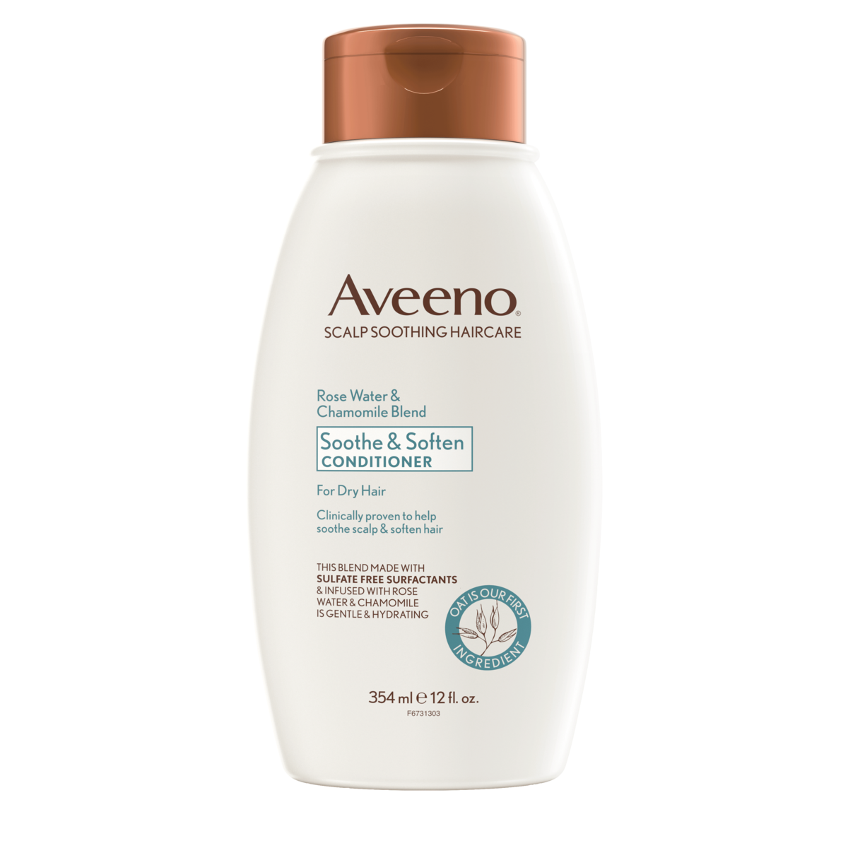 Pack shot of Aveeno® Rosewater & Chamomile Blend Soothe and Soften Conditioner for Dry Hair, 12 fl oz