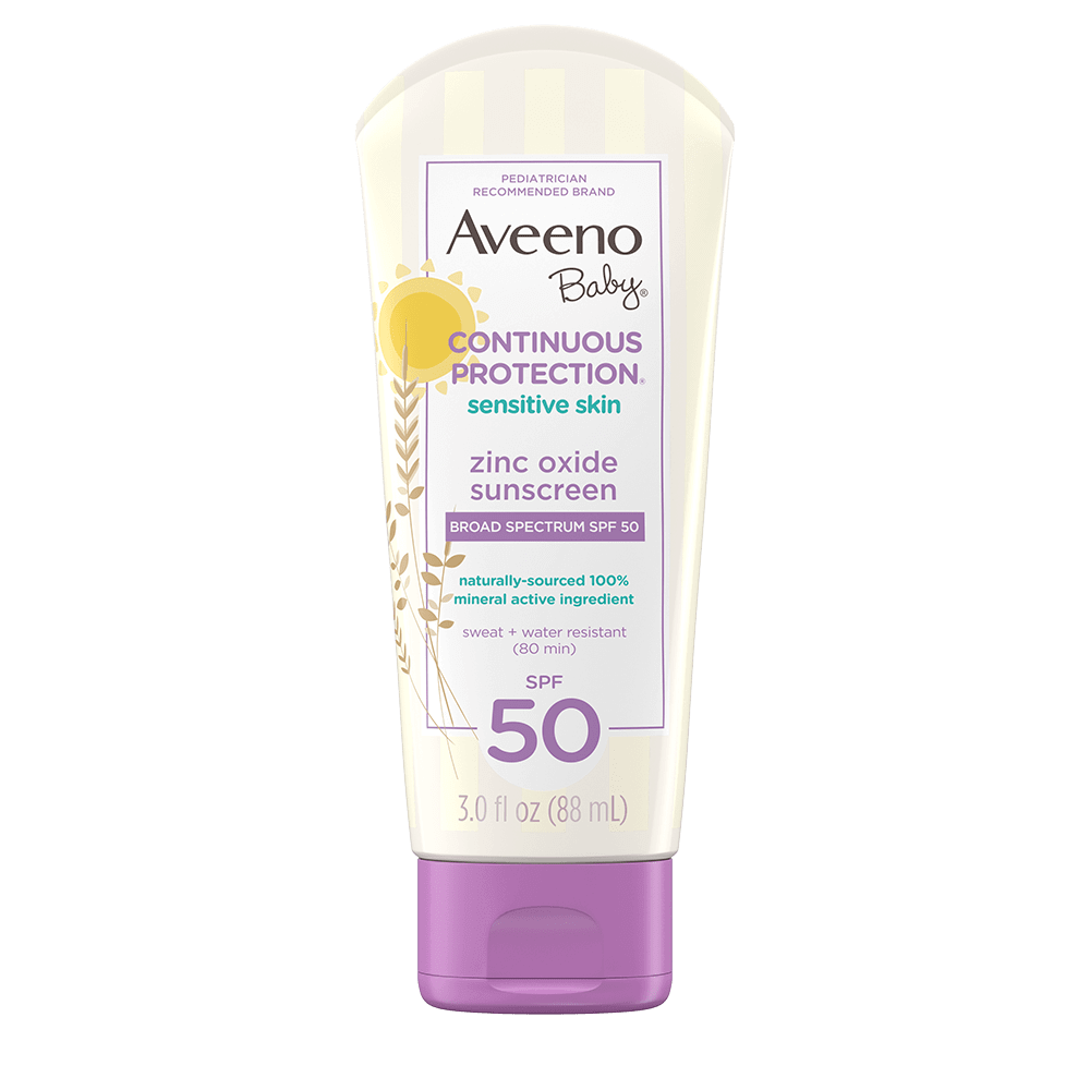 Front pack shot of Aveeno® Baby Continuous Protection® Sensitive Skin Lotion Zinc Oxide Sunscreen SPF 50