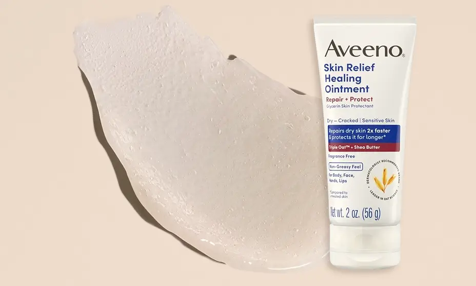 Treatment banner introducing Aveeno® Skin Relief Healing Ointment with Non-greasy Ointment texture
