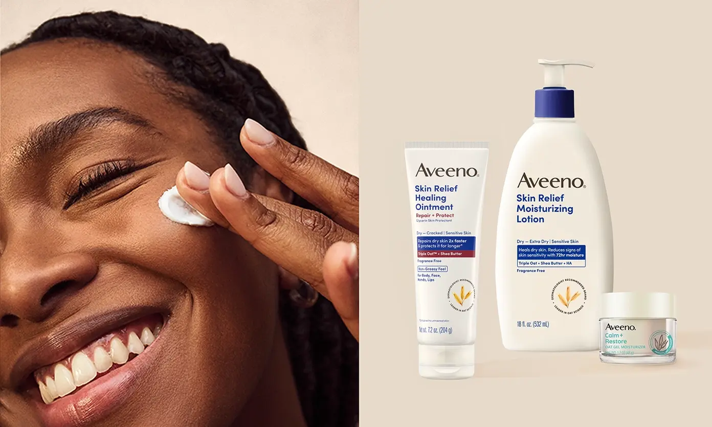 A woman gently applies Aveeno® cream on her face. Best Sellers products are beside the image.