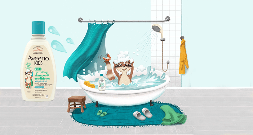 Aveeno® 2in1 hydrating shampoo & conditioner bottle with Mika the raccoon on a bathtub