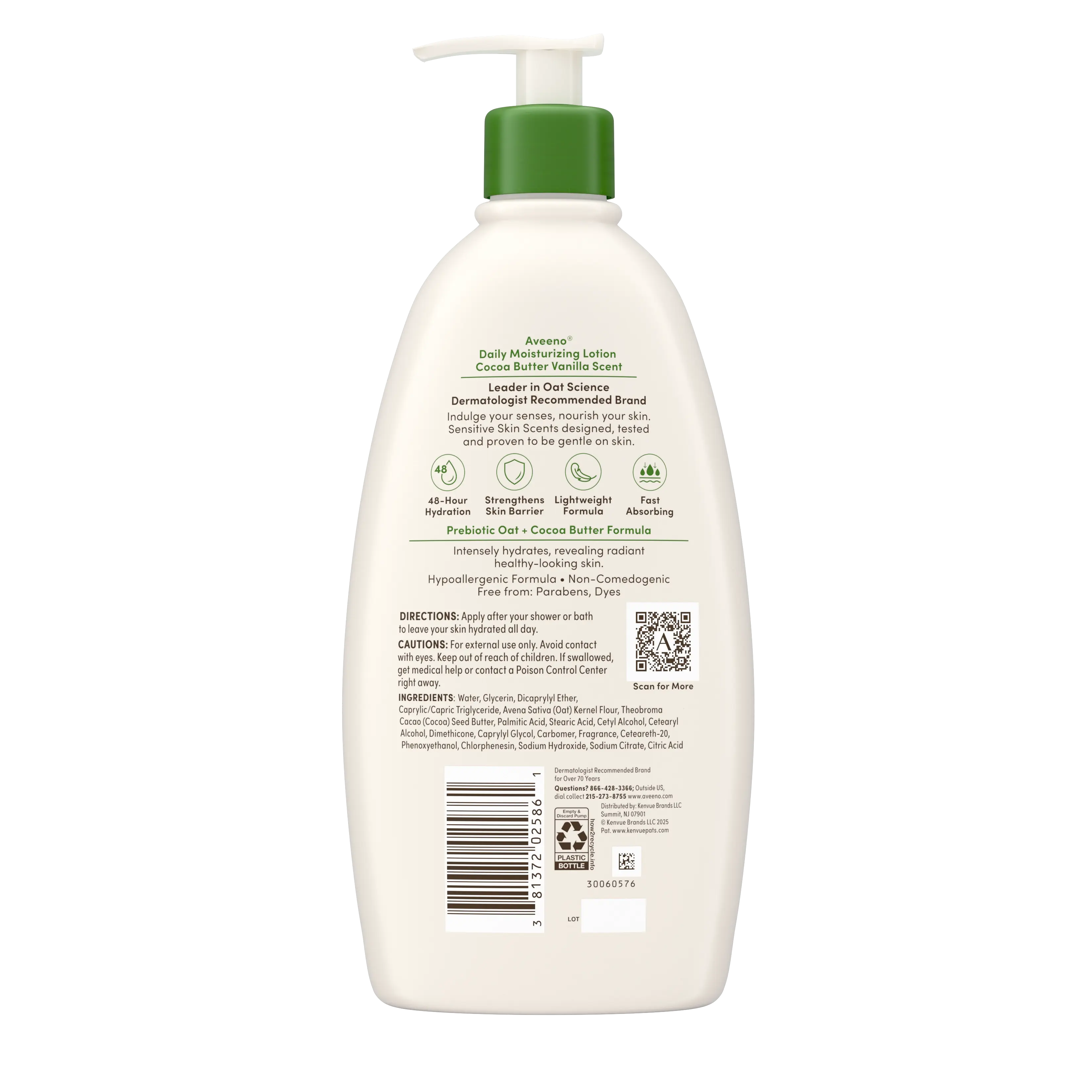 Back pack shot of Aveeno® DM Body Lotion, Cocoa Butter Vanilla Scent, Sensitive Skin Scents 18oz