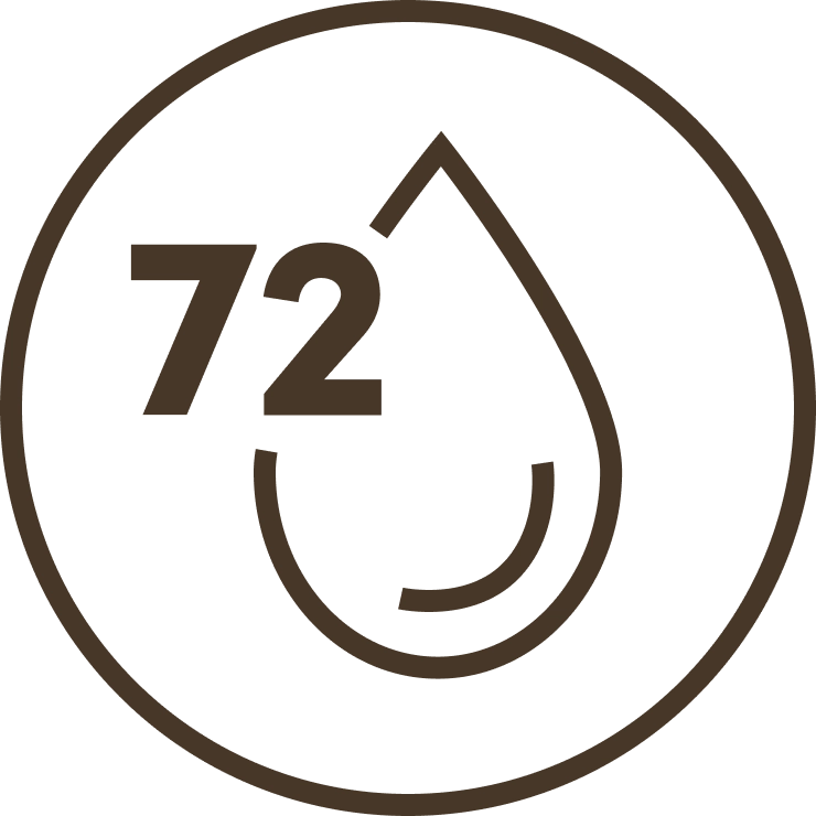 A graphic illustration of a 72hour hydration, a water drop and the number 72 icon