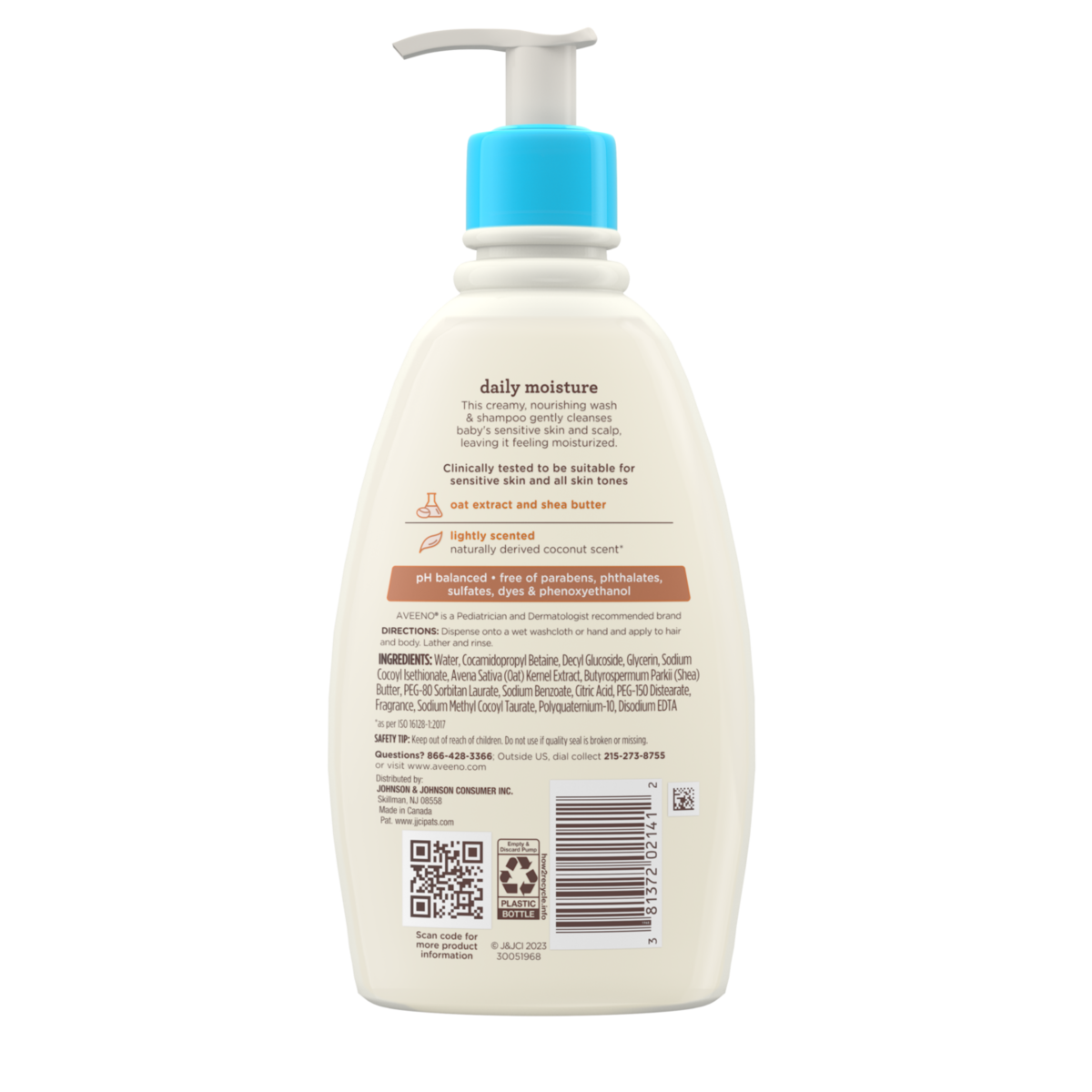Back pack shot of Aveeno® Baby Daily Moisture 2-in-1 Body Wash & Shampoo With Shea Butter and Oat Extract