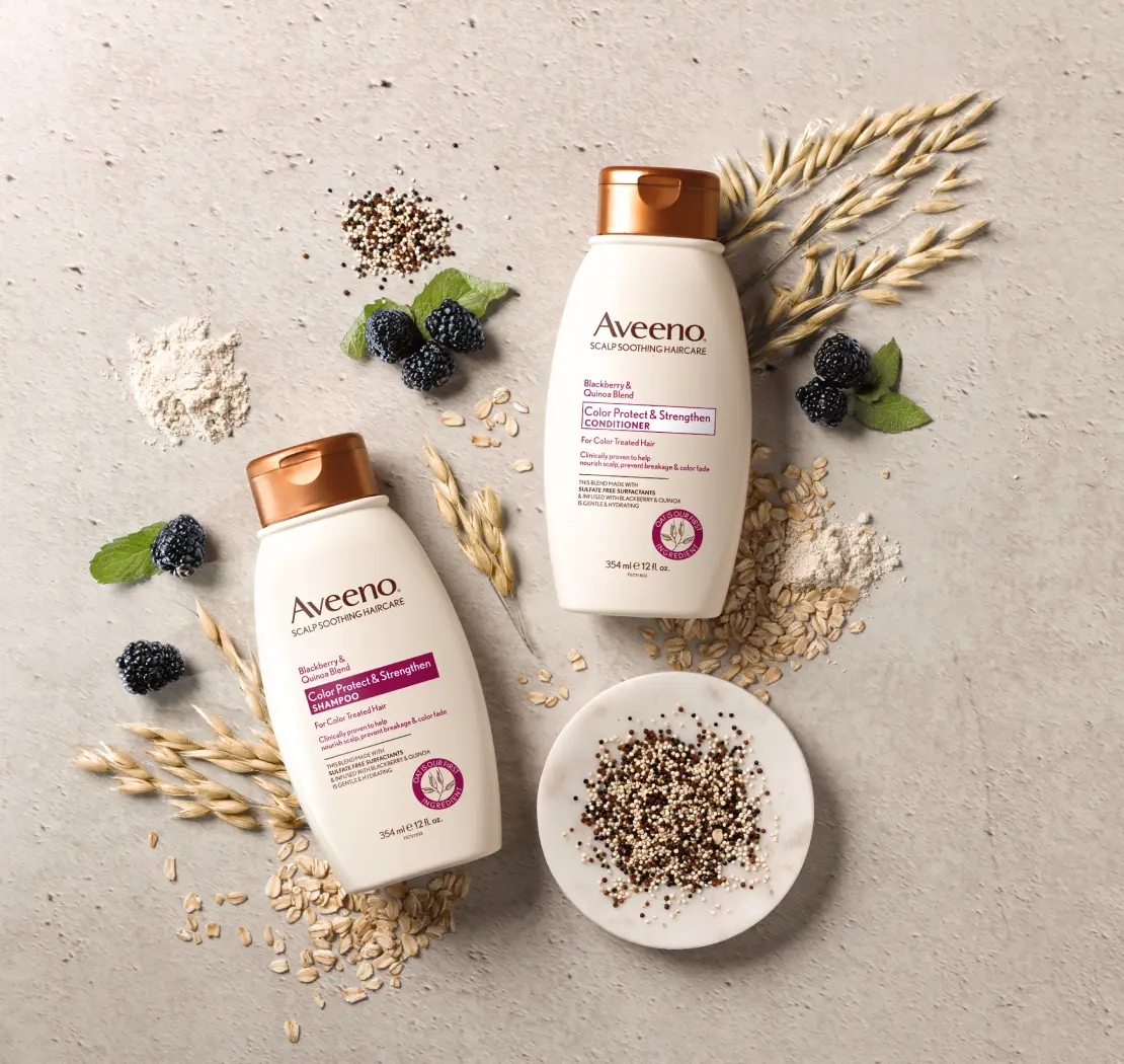 Aveeno® Color Protect & Strengthen haircare set displayed with its nourishing ingredients of colloidal oats and more