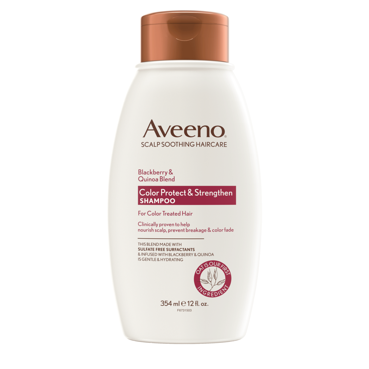 Front pack shot of Aveeno® Blackberry & Quinoa Blend Color Protect & Strengthen Shampoo