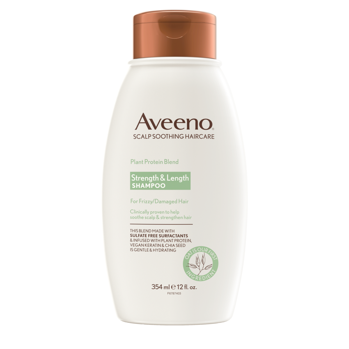 Pack shot of Aveeno® Plant Protein Strength & Length Shampoo for Frizzy/Damaged Hair, 12 fl oz