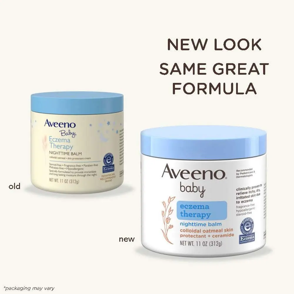 Pack shot of Aveeno® Baby Eczema Therapy Nighttime Balm 11 oz with old and new product look