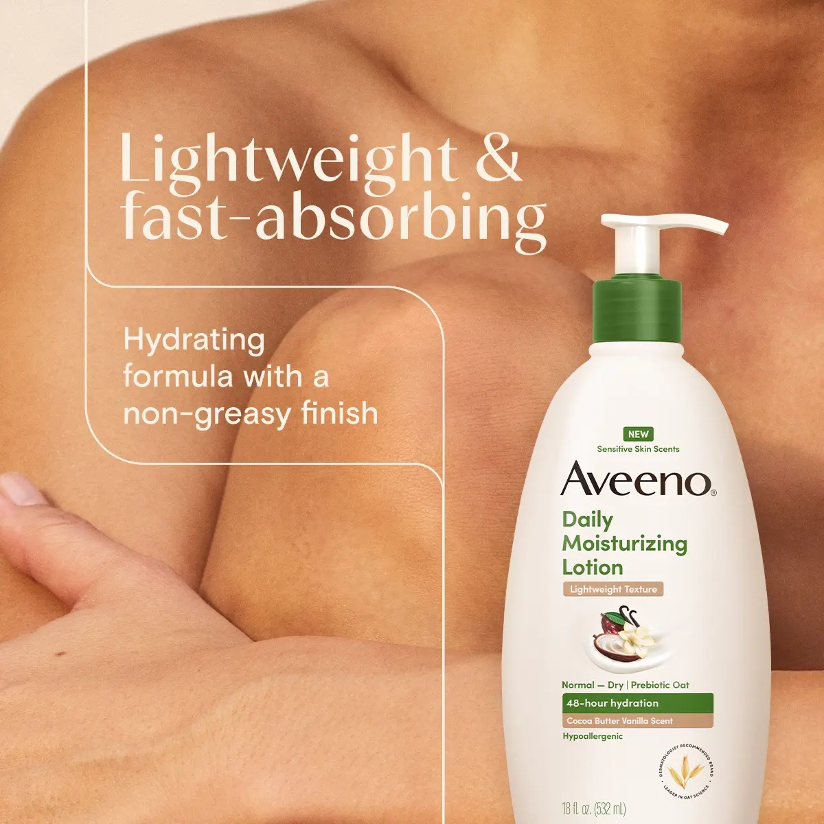 Aveeno® DM Lotion Cocoa Butter Vanilla leaves skin silky-soft rich lather nourishes gently cleanses