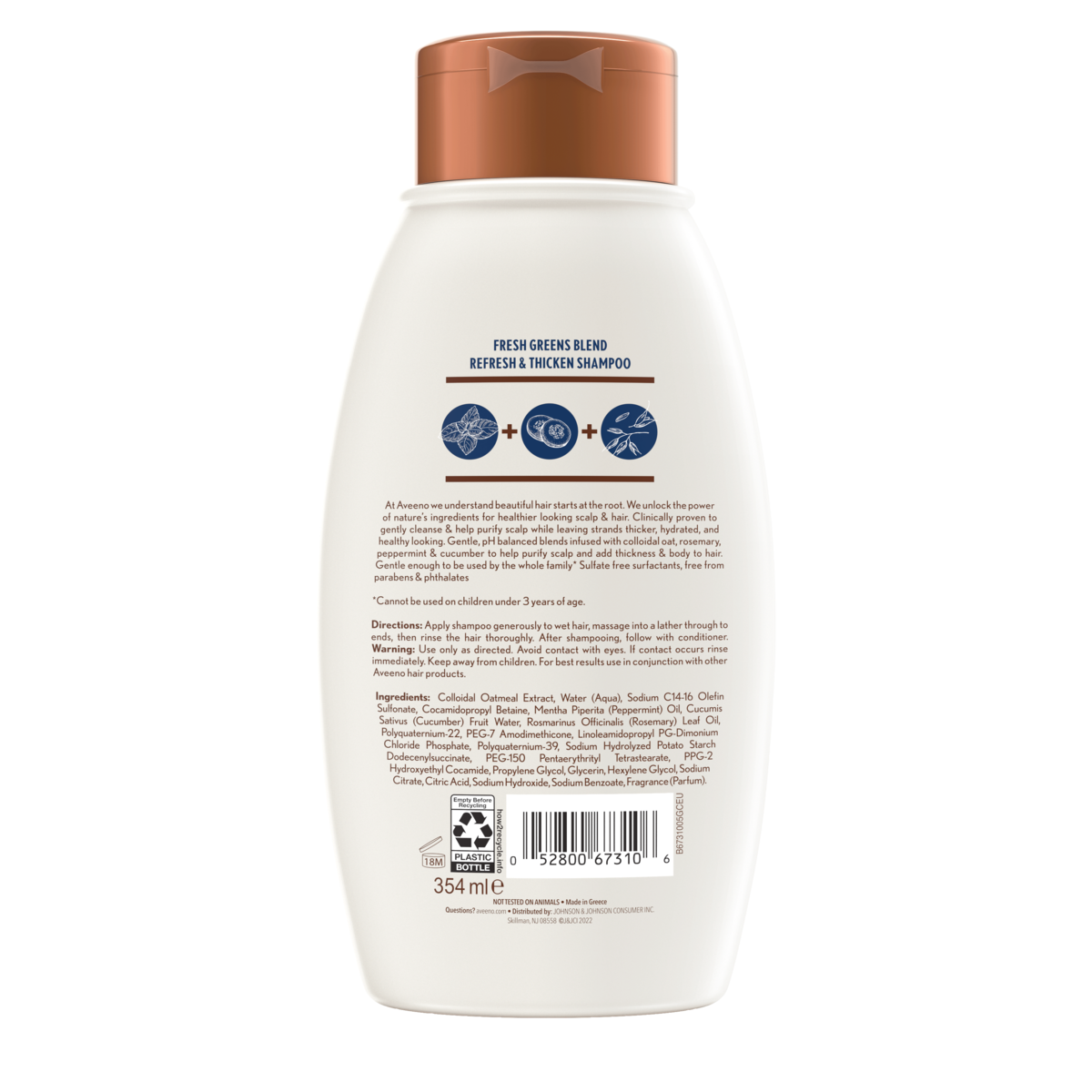Back of pack shot of Aveeno® Fresh Greens Blend Refresh & Thicken Shampoo for Thin/Fine Hair, 12 fl oz