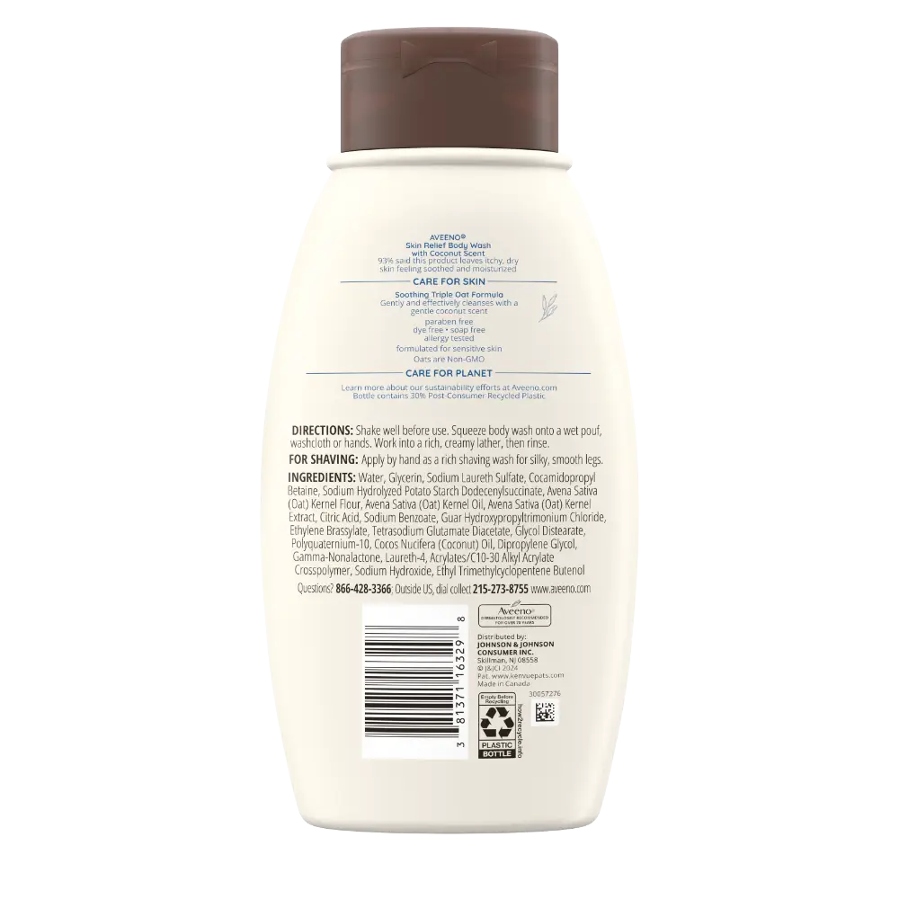 Back Pack shot of Skin Relief Oat Body Wash with Coconut Scent 12oz