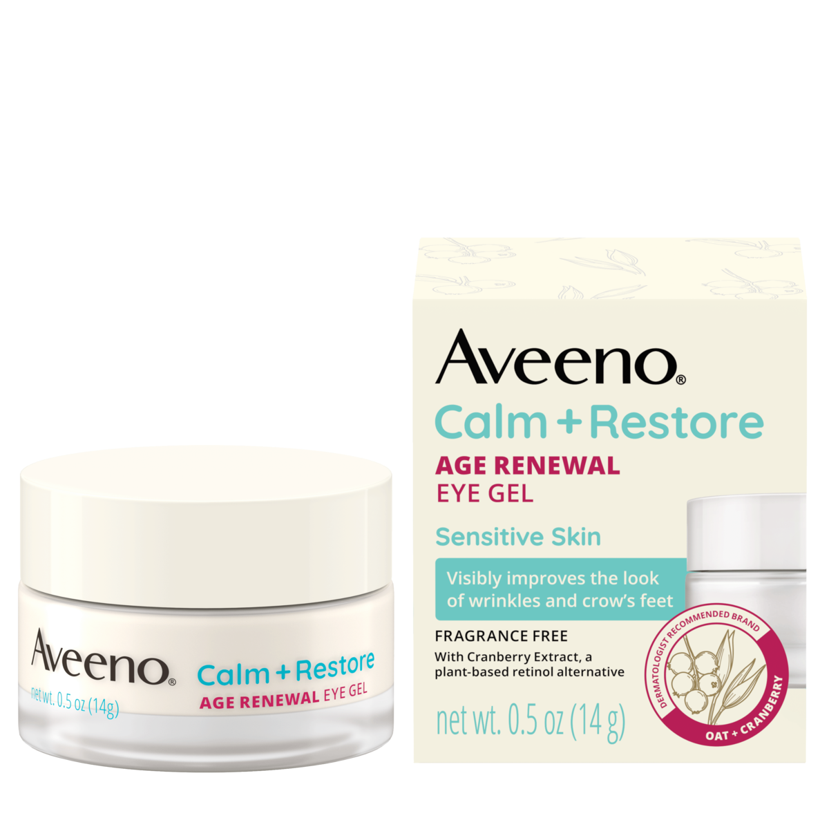 Front pack shot of Aveeno® Calm + Restore® Age Renewal Eye Gel for Sensitive Skin