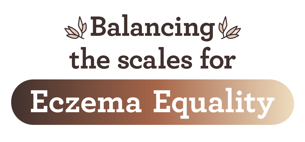 Graphic illustration of small oat stalks surrounding text "Balancing the scales for Eczema Equality